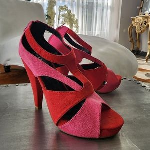Pink and red suede heels